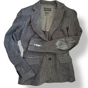 Massimo Dutti Gray Herringbone Blazer with Leather Elbow Patches